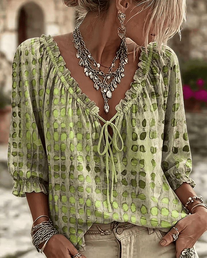 Noreli - Lace-Up V-Neck Cotton-Blend Blouse