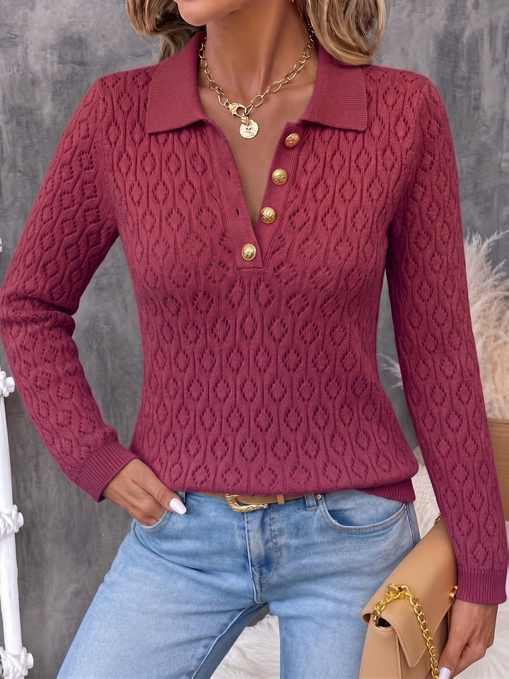Avenya - Openwork Knit Polo Sweater