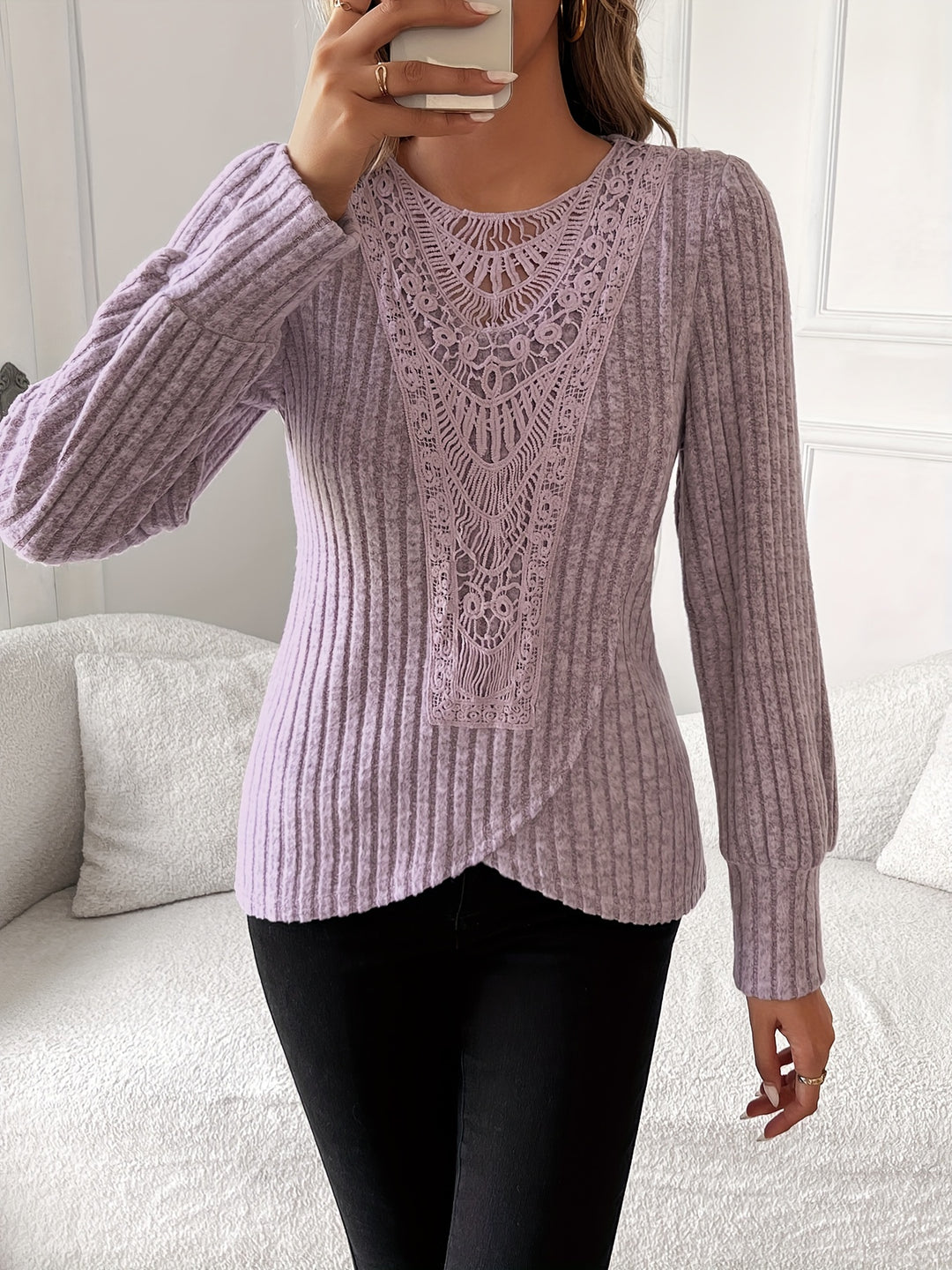 Nivara - Lace-Trim Round Neck Knit T-Shirt