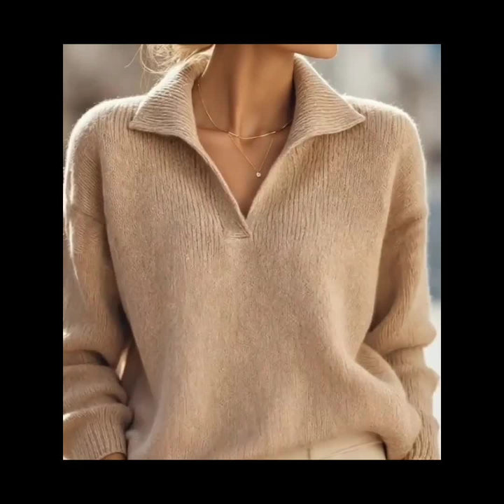Rilena - V-Neck Rib-Knit Polo Sweater
