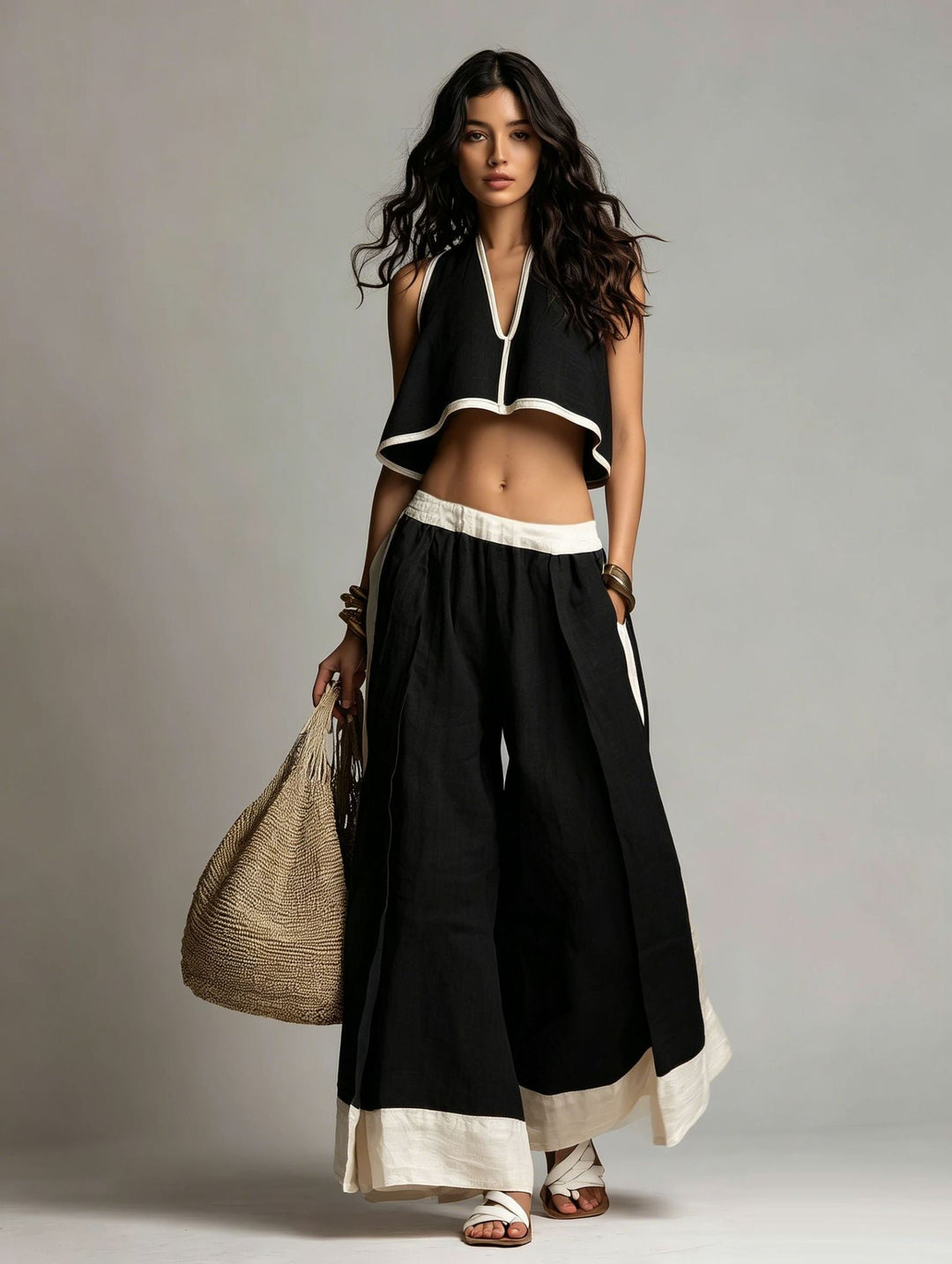 Calyne - V-Neck Washed Finish Two-Piece Set