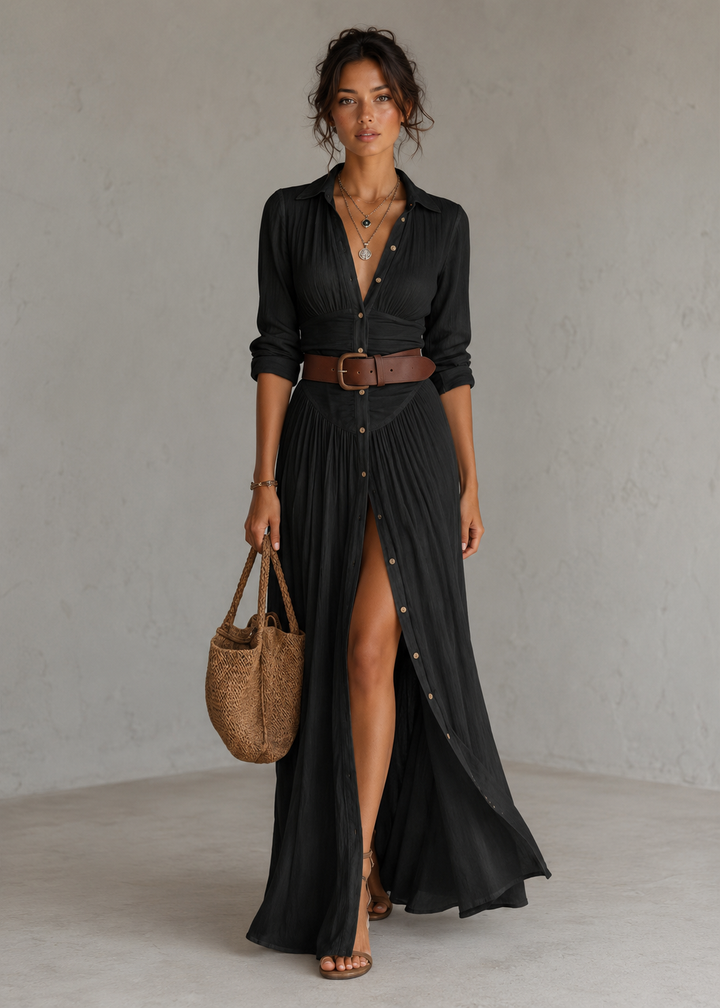 Mevara - Pleated Cotton-Linen Long Dress