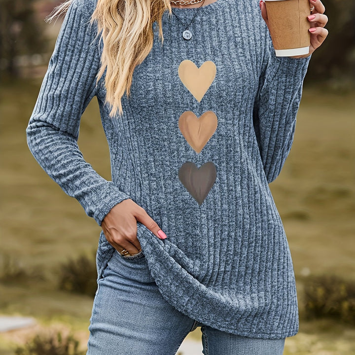 Mevara - Heart Print Rib Knit Top