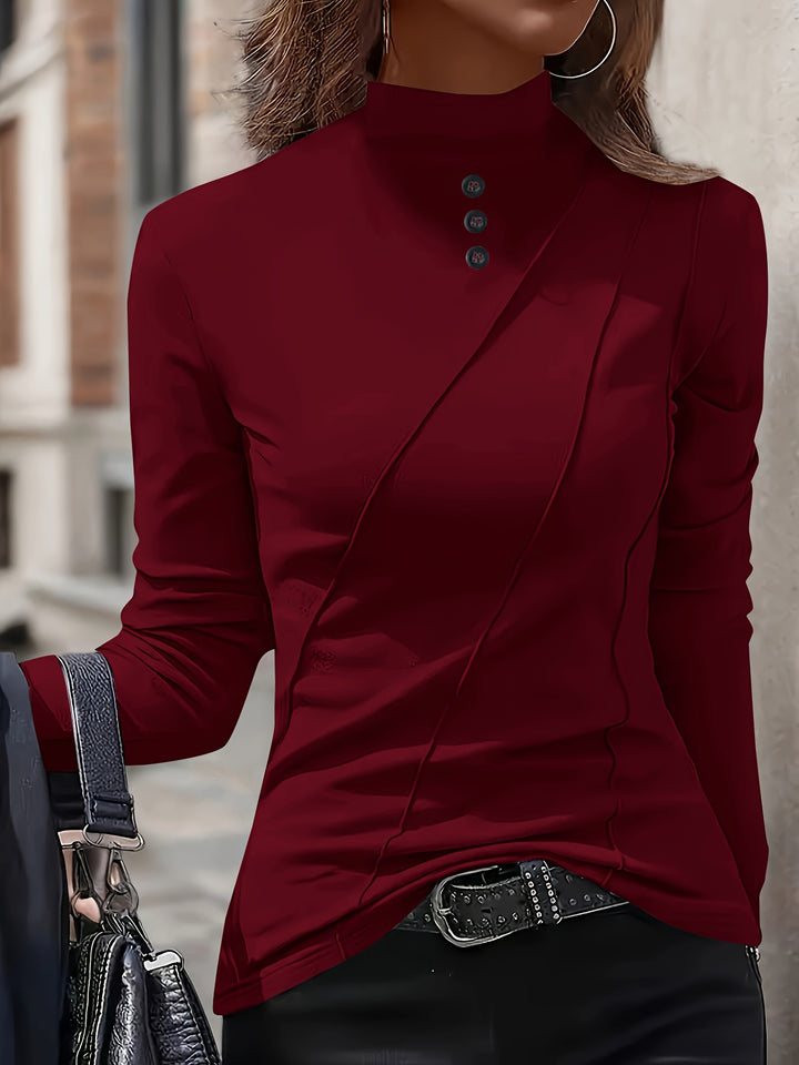 Selara - High Neck Stretch Knit Long-Sleeve T-Shirt