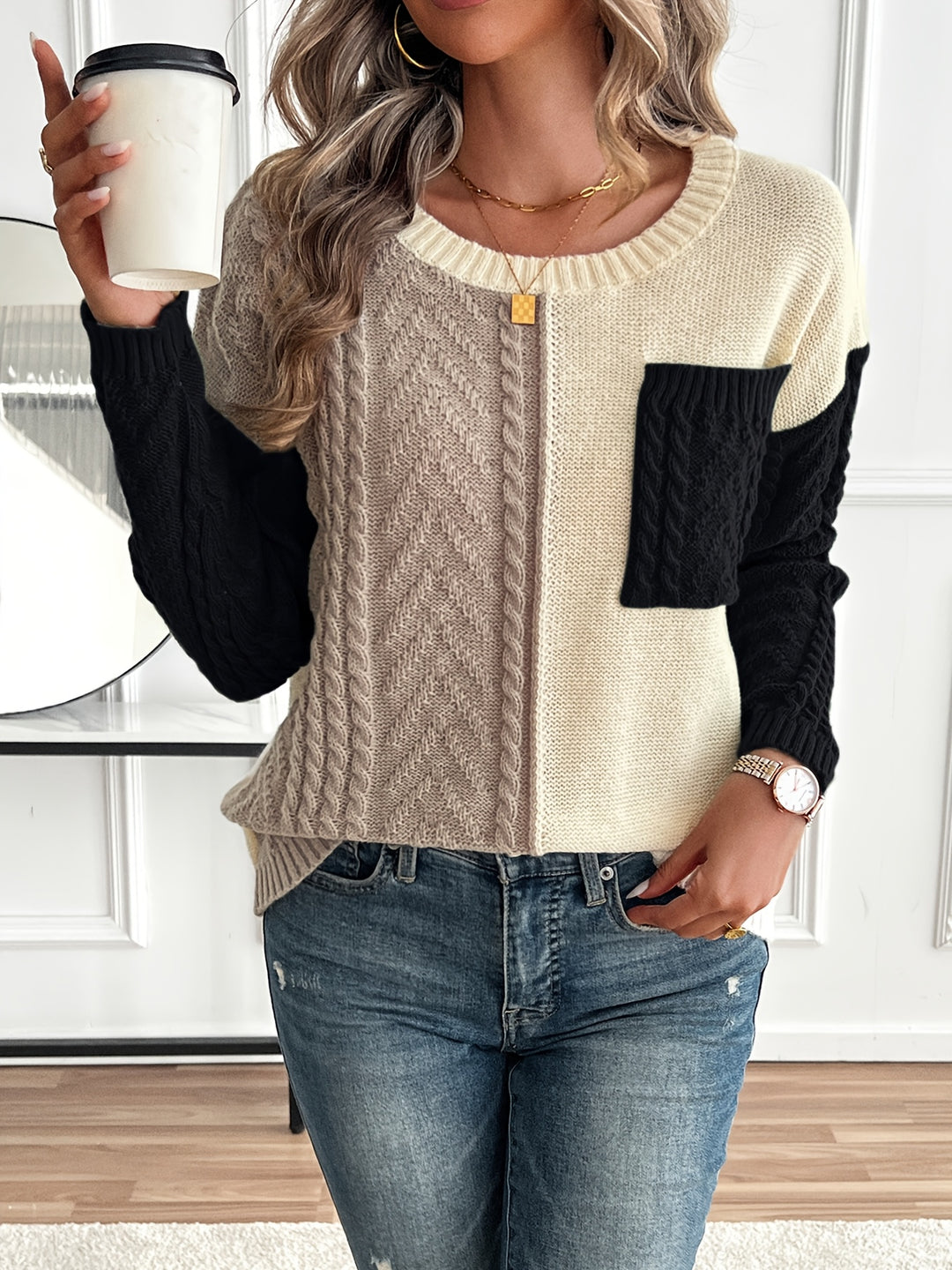 Nireva - Colour-Block Cable Knit Sweater