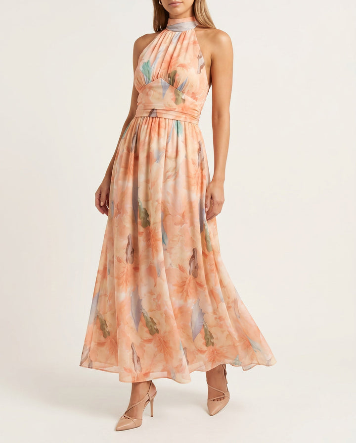 Zavine - Lace-Up Back Oil Painting Print Dress