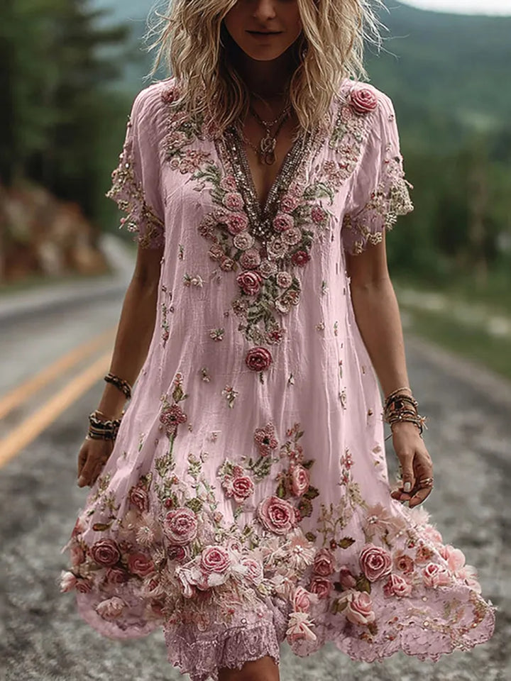 Noreli - Floral Embroidery Cotton-Blend Dress