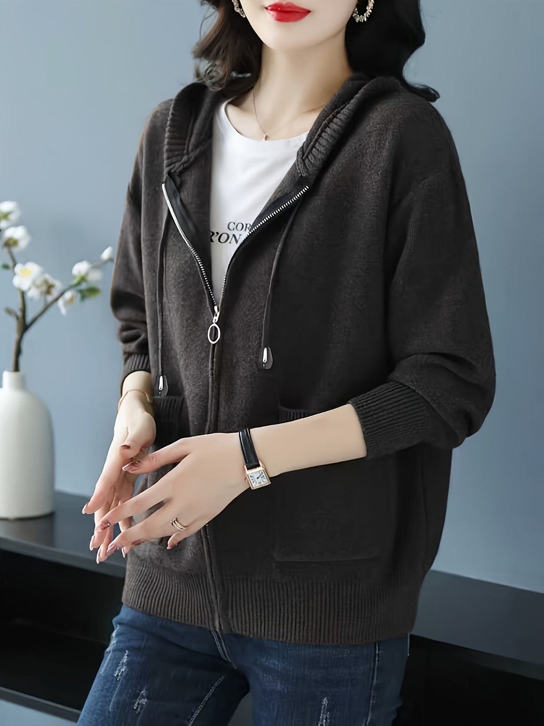 Rilena - Drawstring Hood Viscose Knit Cardigan