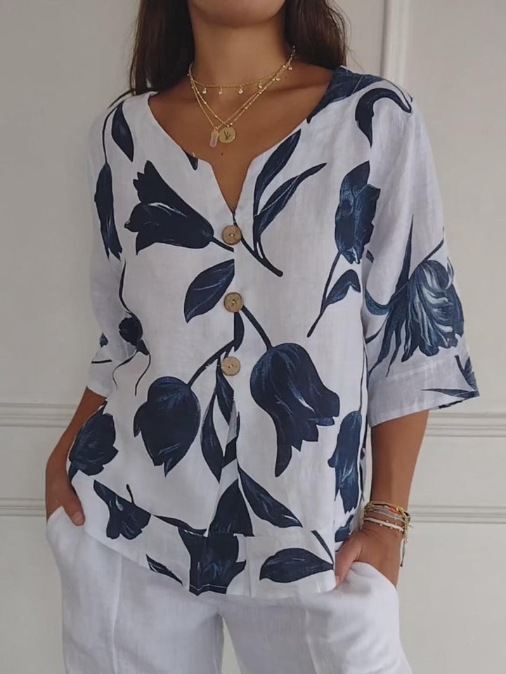 Nivara - V-Neck Cotton-Linen Tunic Top