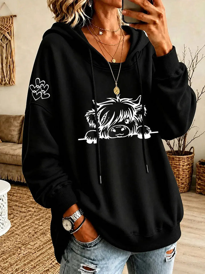 Noreli - Allover Highland Cattle Print Knit Hoodie