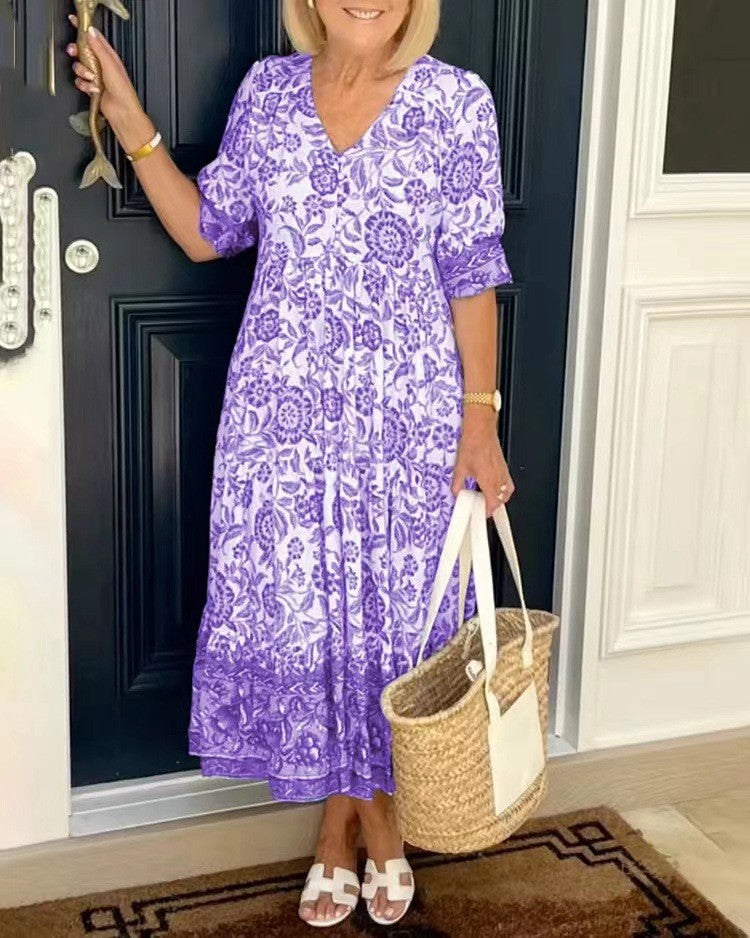 Nalira - Deep V-Neck Floral Print Dress