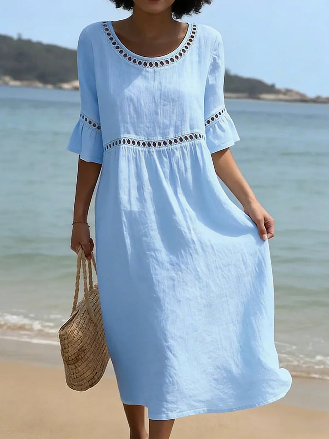 Lunira - Lace-Inset Cotton-Linen Midi Dress