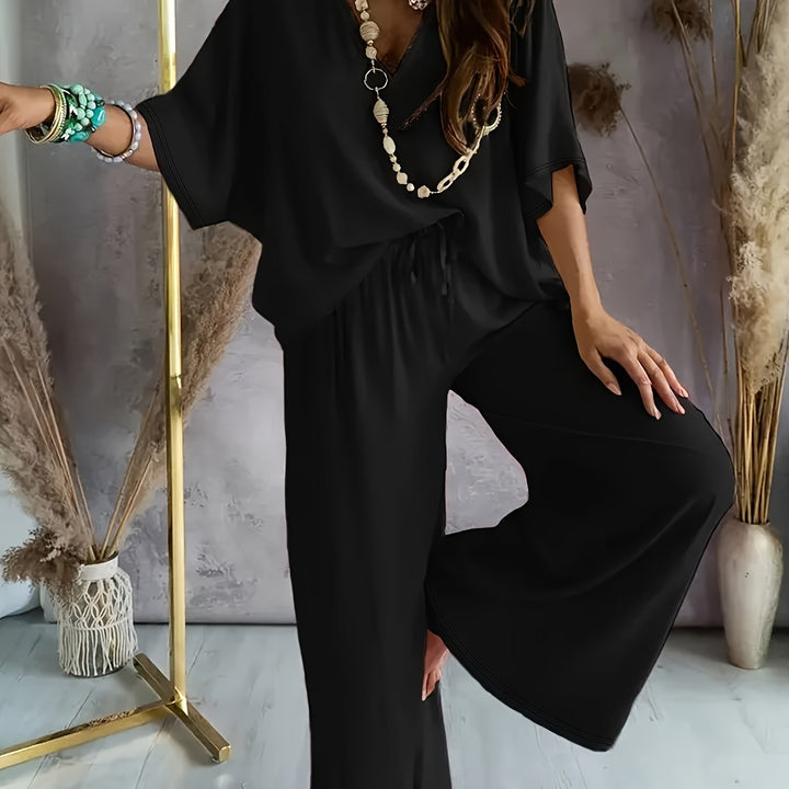 Velise - V-Neck Solid Two-Piece Set