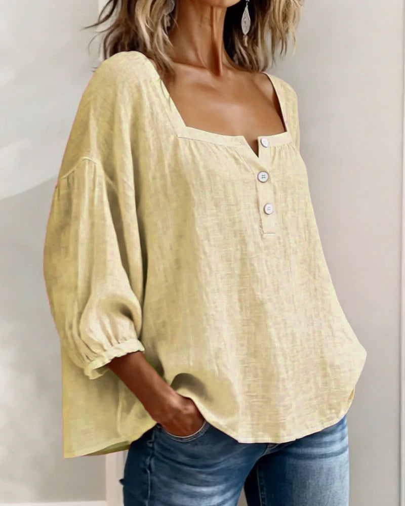 Sivara - Square Neck Cotton-Linen Blouse