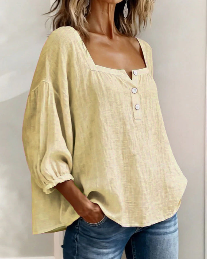 Sivara - Square Neck Cotton-Linen Blouse