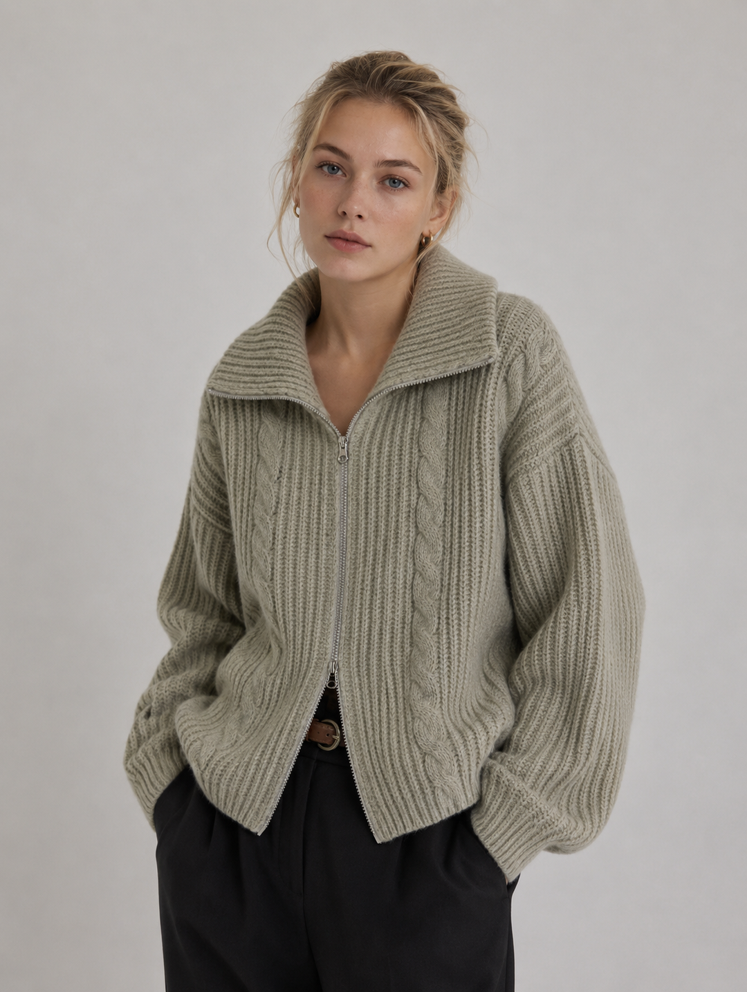 Velira - Zip-Front Cable Knit Cardigan