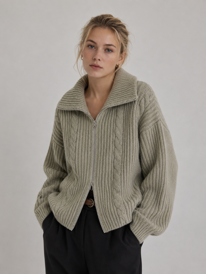 Velira - Zip-Front Cable Knit Cardigan
