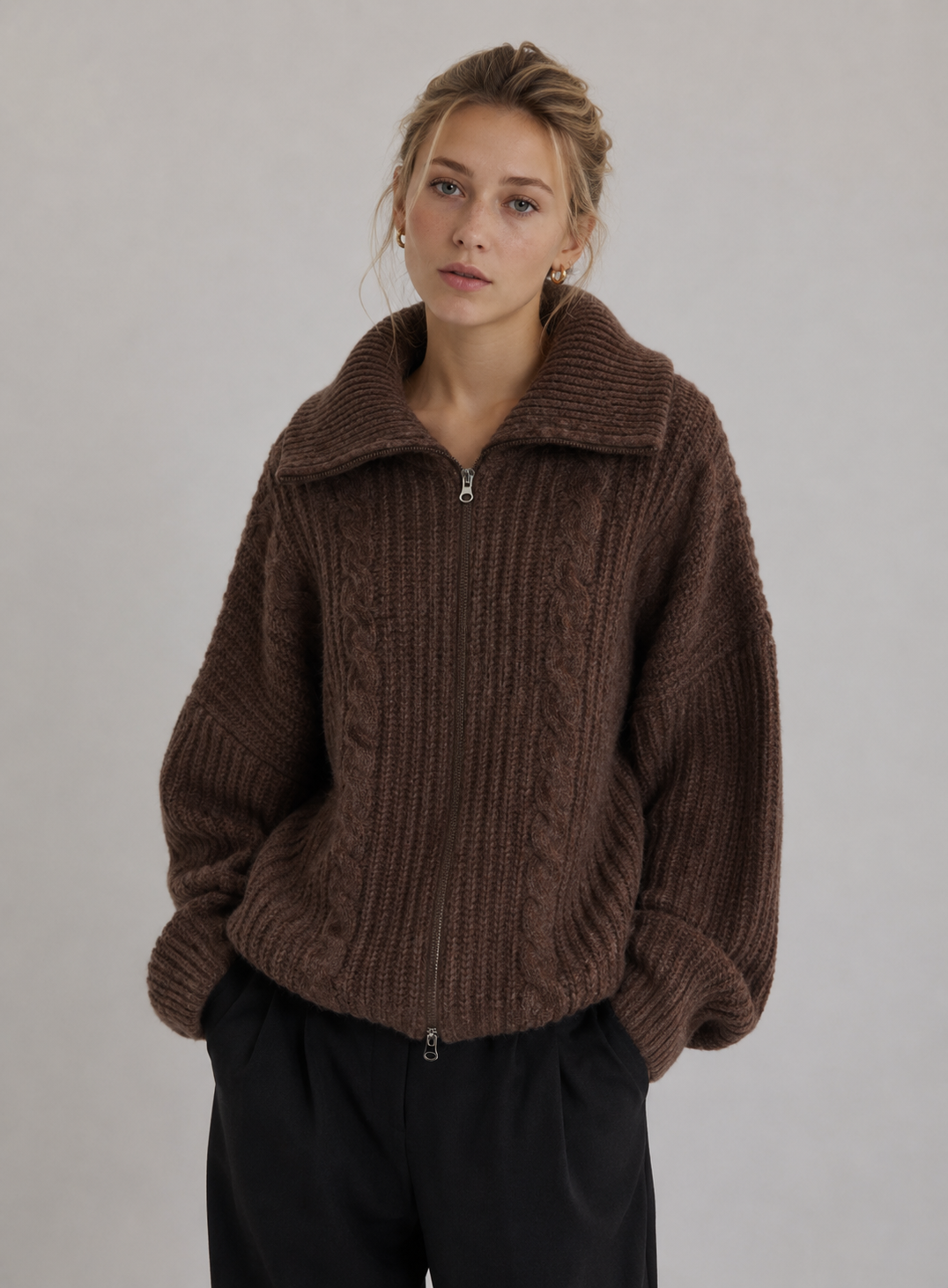 Velira - Zip-Front Cable Knit Cardigan