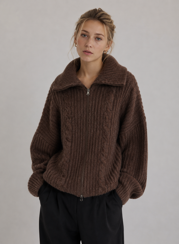 Velira - Zip-Front Cable Knit Cardigan