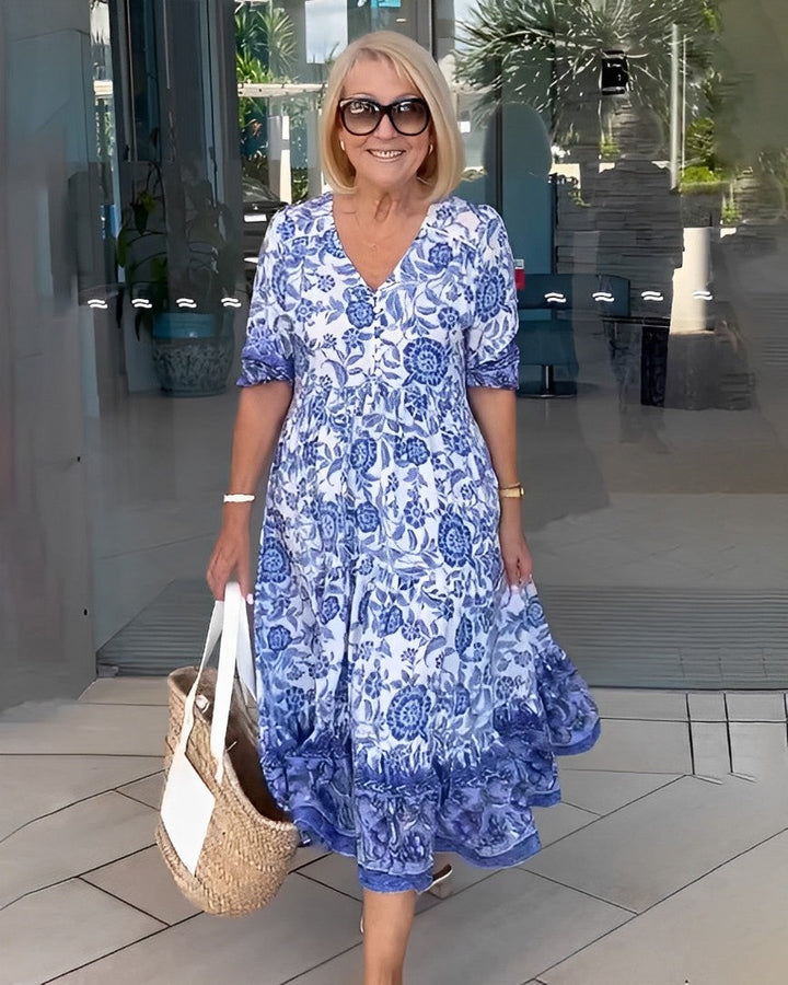Nalira - Deep V-Neck Floral Print Dress
