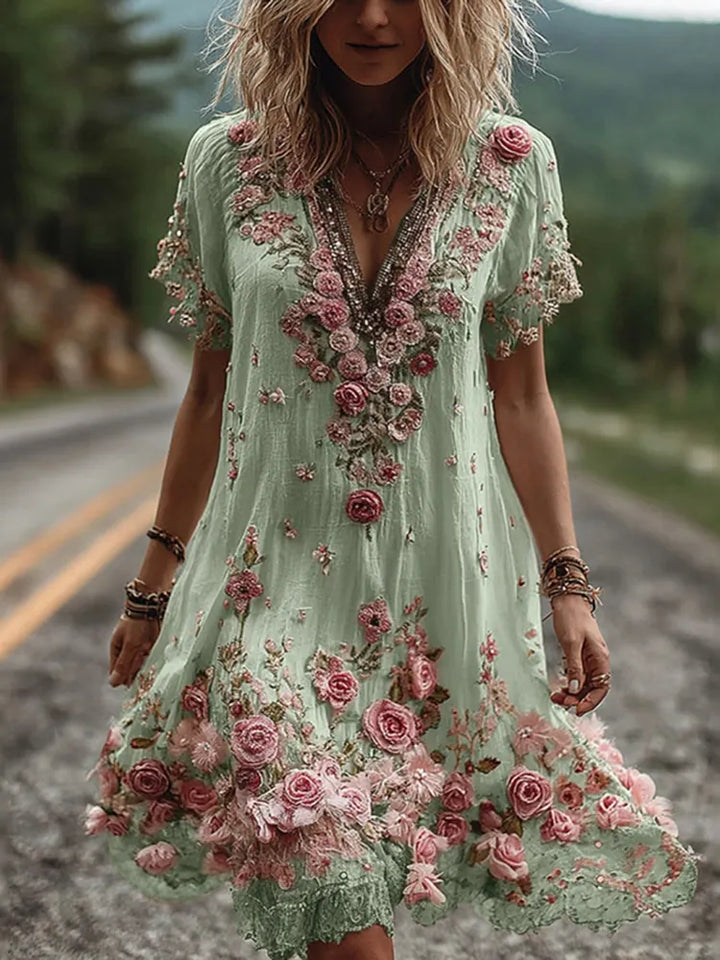 Noreli - Floral Embroidery Cotton-Blend Dress