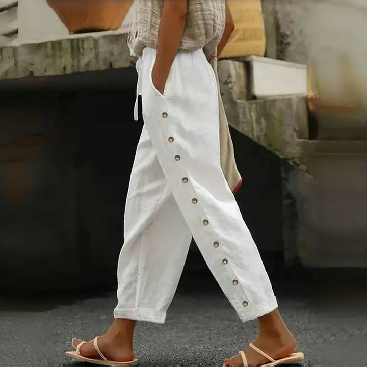 Maevra - Drawstring Waist Cotton-Hemp Trousers