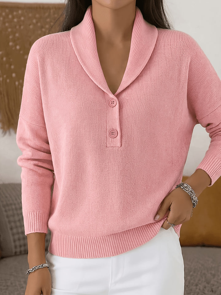 Zavena - Henley Half-Placket Vertical Rib Knit Pullover