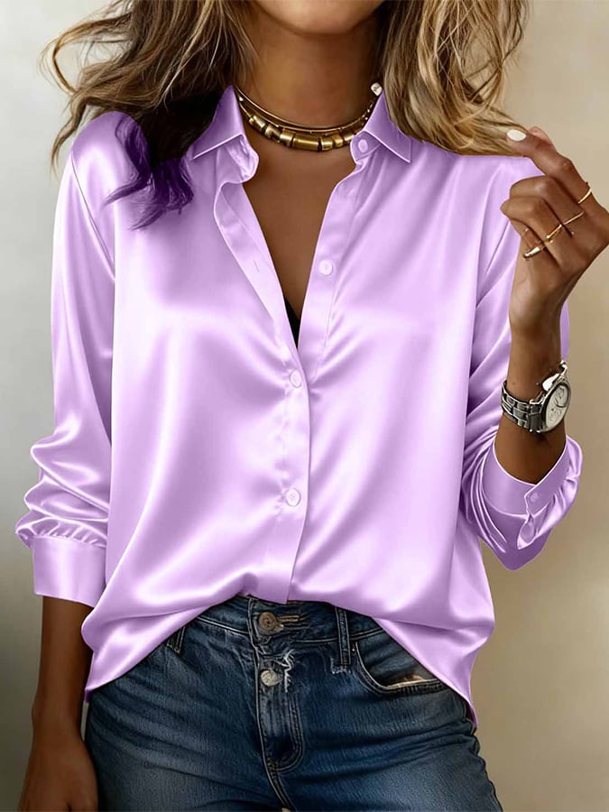 Zavena - Turn-Down Collar Satin Shirt