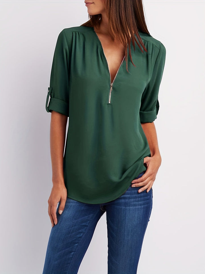 Nivara - Zip V-Neck Woven Blouse