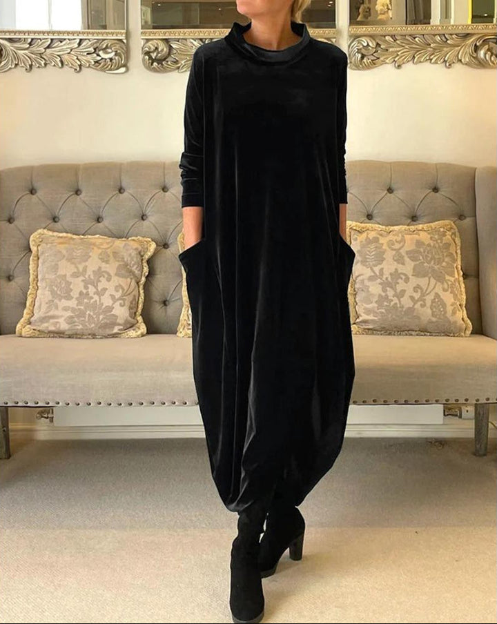 Avenya - High-Collar Velvet Long Dress