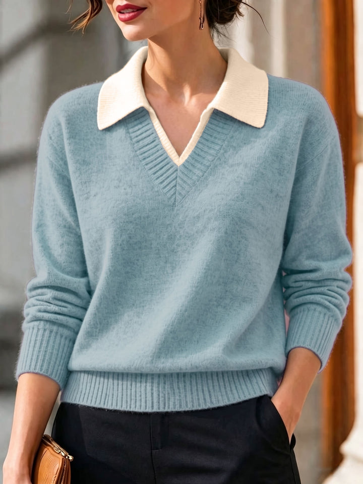 Cirelle - Double-Layered Contrast Collar Knit Pullover Sweater