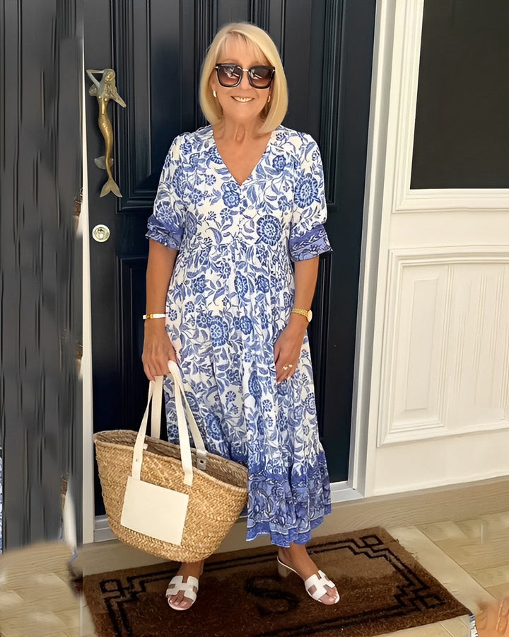 Nalira - Deep V-Neck Floral Print Dress