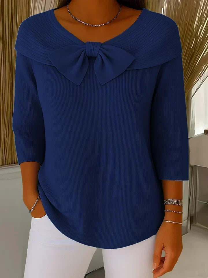Reniva - Bow-Neck Rib Knit Sweater