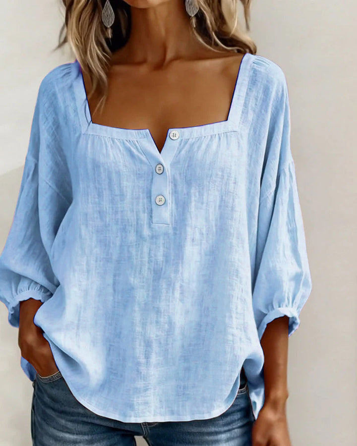 Sivara - Square Neck Cotton-Linen Blouse