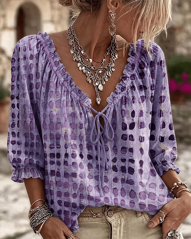 Noreli - Lace-Up V-Neck Cotton-Blend Blouse