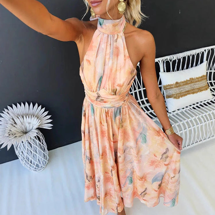 Zavine - Lace-Up Back Oil Painting Print Dress