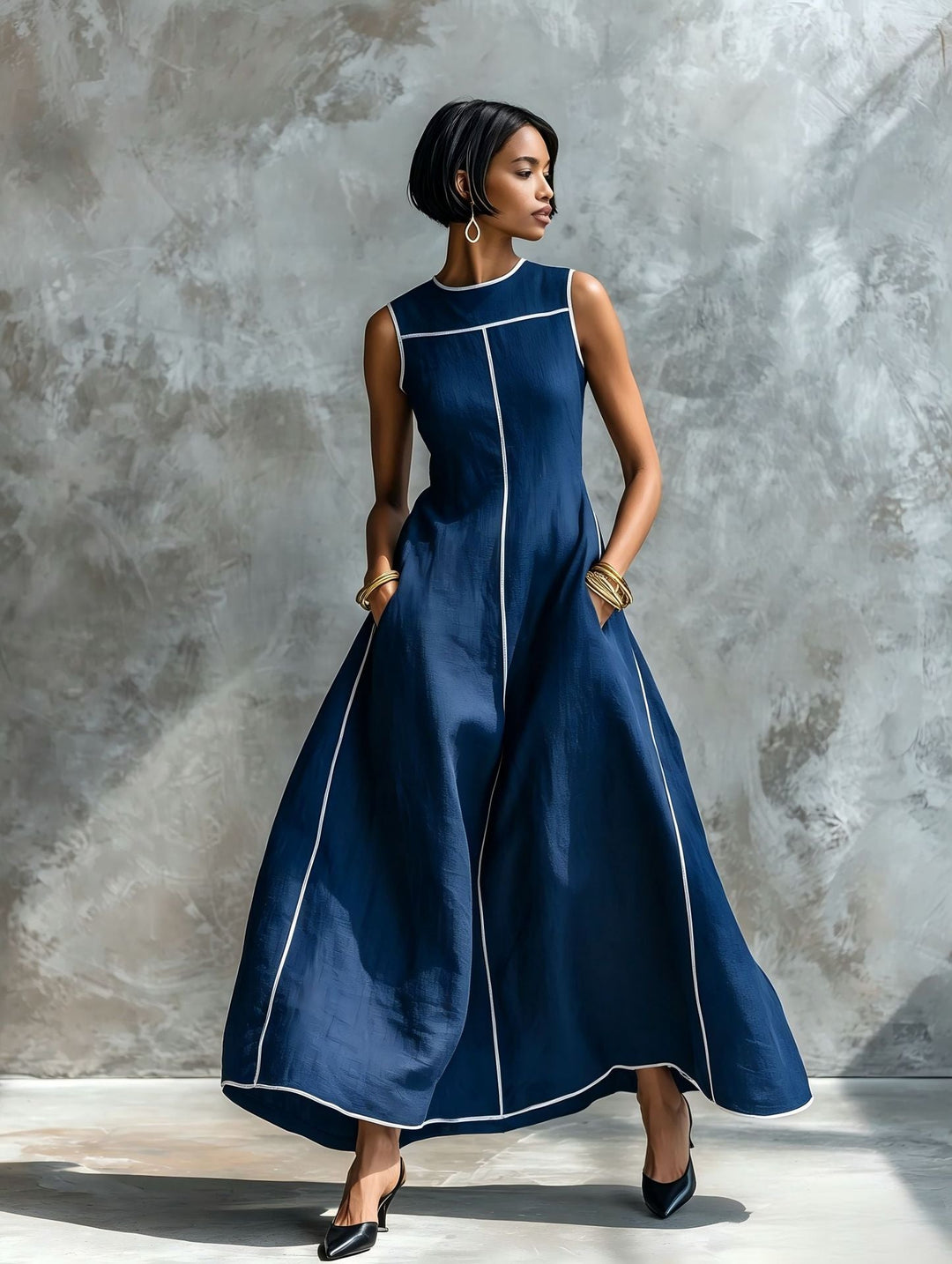 Veyla - Contrast Piping Linen-Blend Maxi Dress