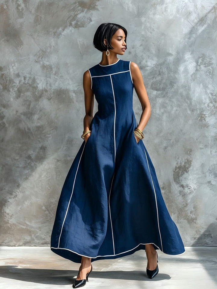 Veyla - Contrast Piping Linen-Blend Maxi Dress