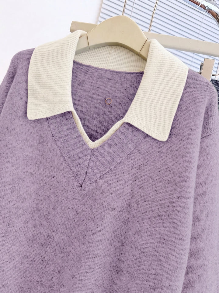 Cirelle - Double-Layered Contrast Collar Knit Pullover Sweater