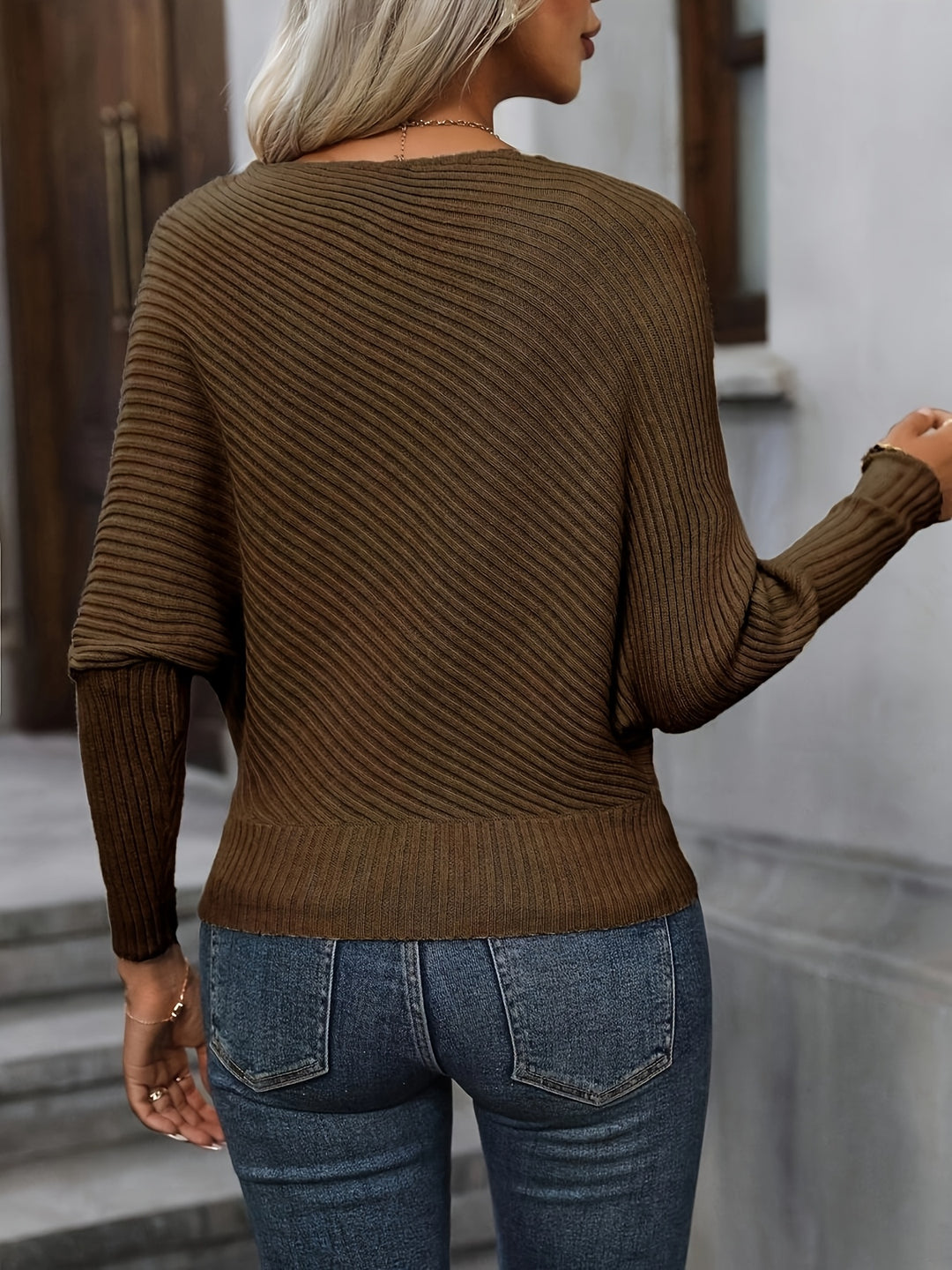 Mireva - Batwing Sleeve Rib Knit Pullover Sweater