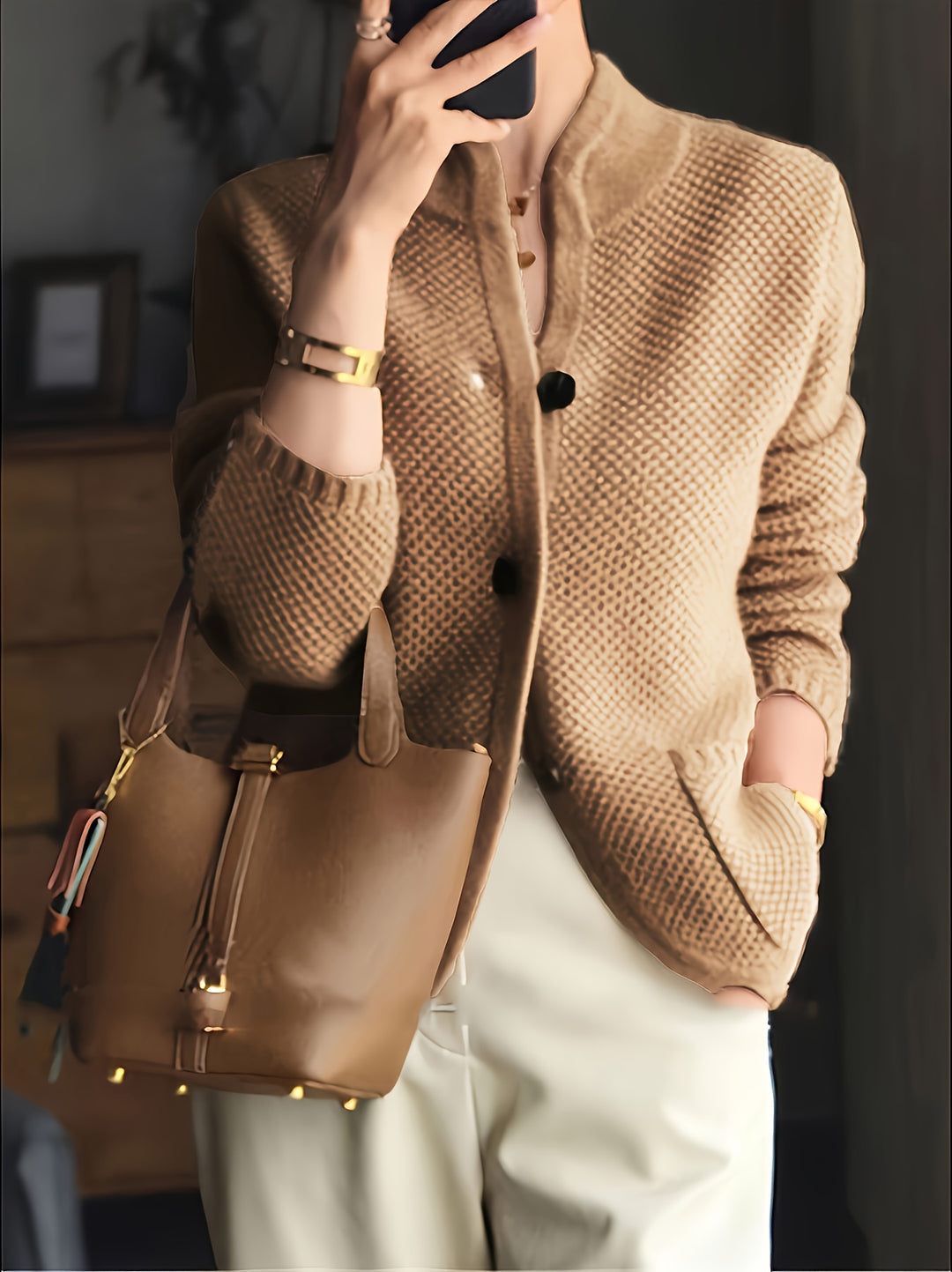 Avenya - Stand Collar Knit Sweater Top Coat