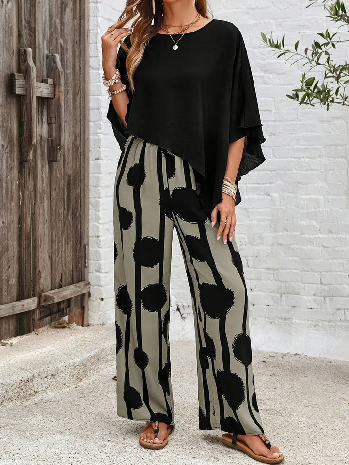 Elyra - Asymmetric Boat-Neck Printed Two-Piece Set