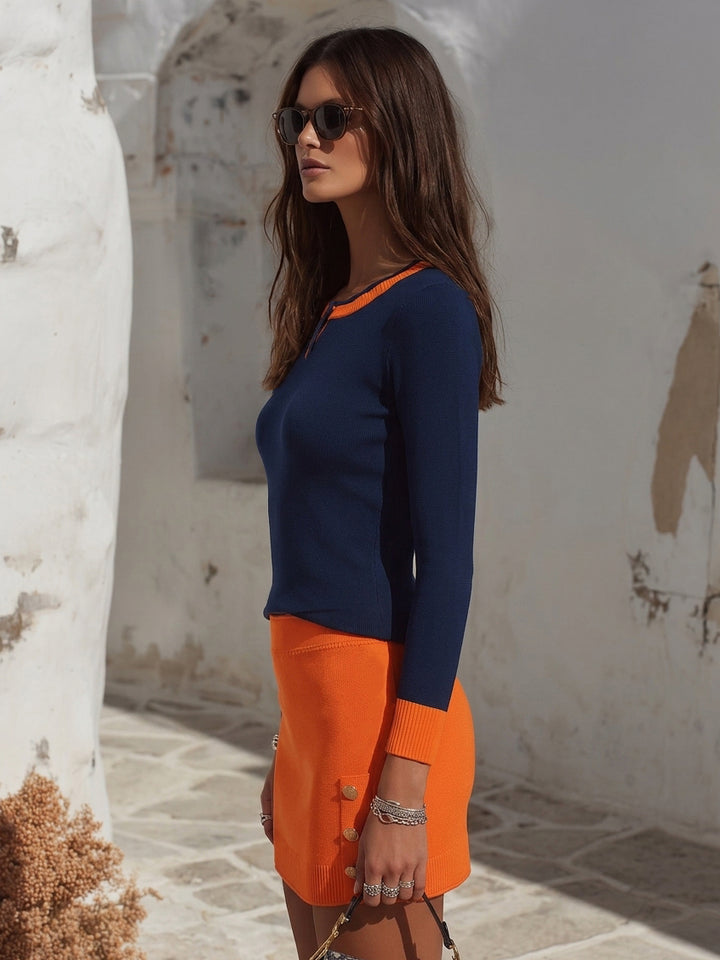 Rivela - Color-Block Rib Knit Skirt Set