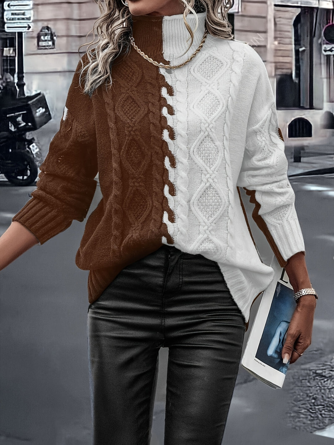 Vesina - High-Neck Cable Knit Sweater
