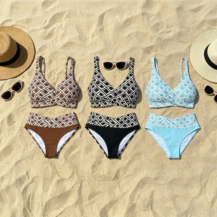 Sevra - Crossed V-Neck Geometric-Print Bikini Set