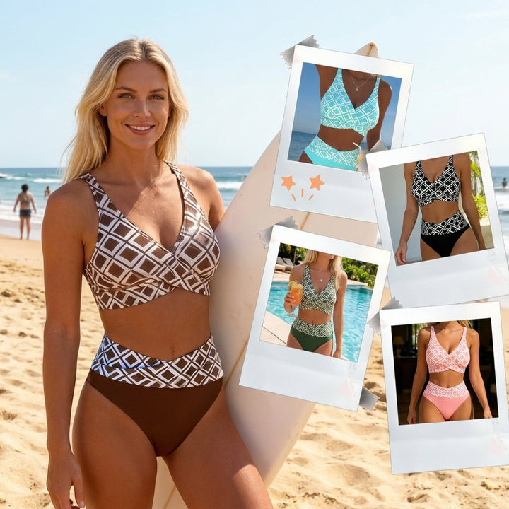 Sevra - Crossed V-Neck Geometric-Print Bikini Set