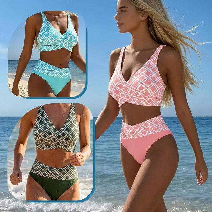 Sevra - Crossed V-Neck Geometric-Print Bikini Set