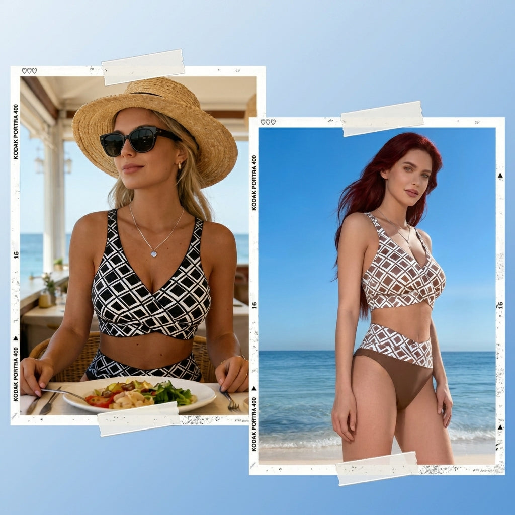 Sevra - Crossed V-Neck Geometric-Print Bikini Set
