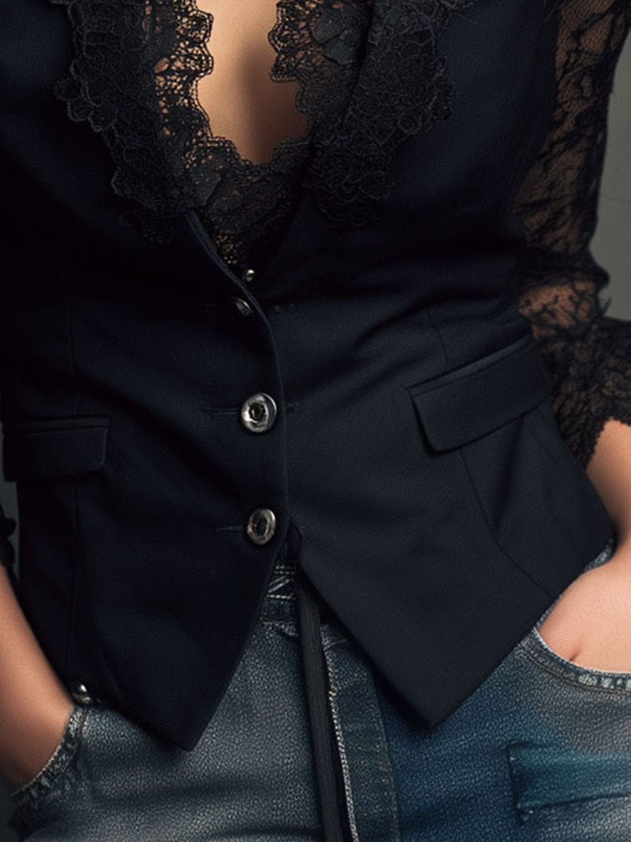 Nalira - Lace-Sleeve Blouse Waistcoat Set
