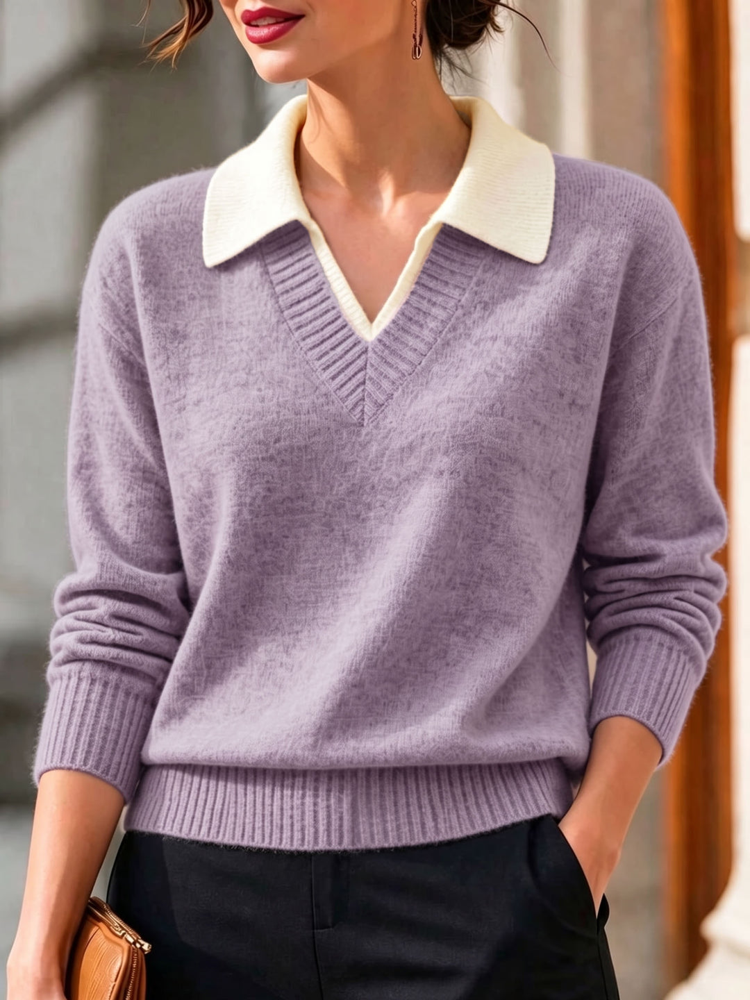 Cirelle - Double-Layered Contrast Collar Knit Pullover Sweater